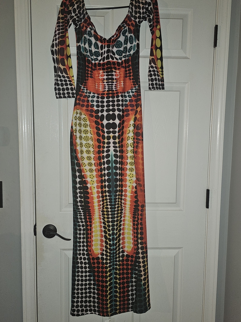 Long Sleeve Maxi Dress in Black with Multicolor Dot Pattern